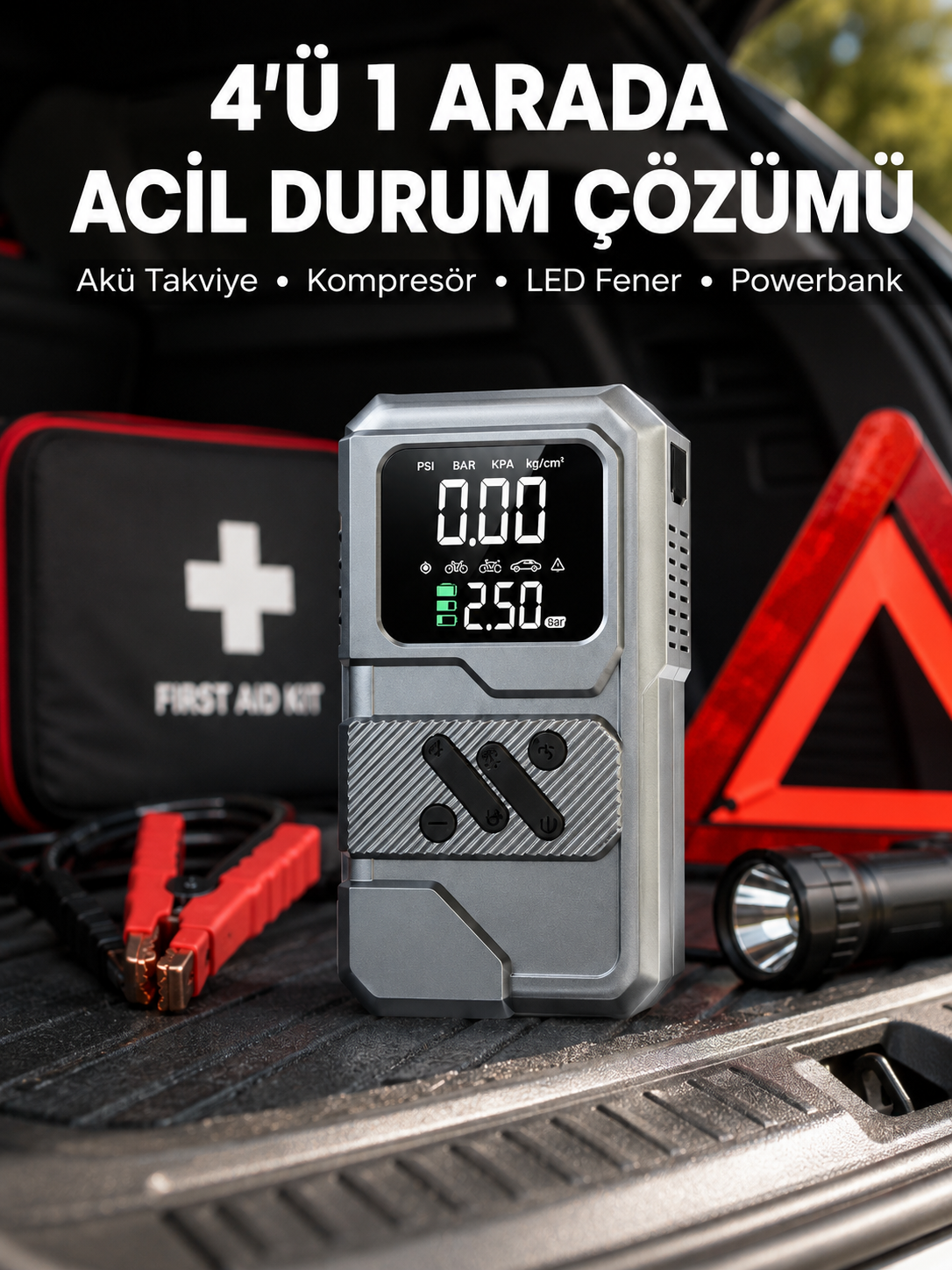 Araçlar İçin Akü Takviye Lastik Şişirme ve Powerbank Cihazı