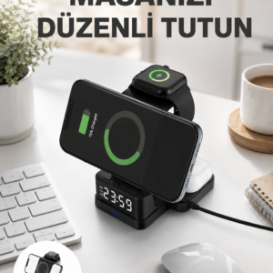 Dijital Saatli Kablosuz Şarj İstasyonu – 3’ü 1 Arada Apple Uyumlu Hızlı Şarj ve LED Ekran Yeni Nesil