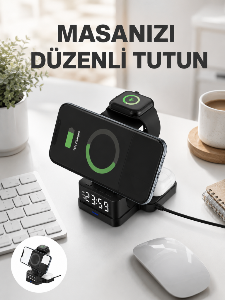 Kablosuz Şarjlı Dijital Masa Saati – 3 Parlaklık Seviyeli LED, Hızlı Şarj, Apple Uyumlu Yeni Nesil
