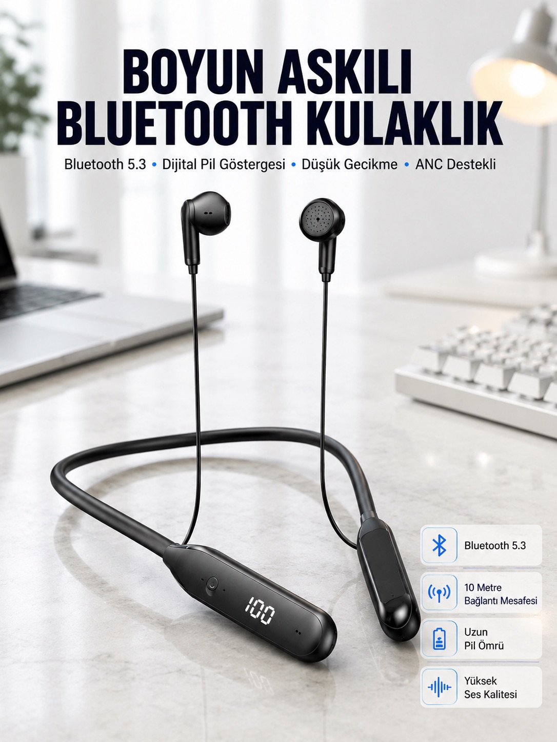 60 Saat Kablolu Boyun Askılı Dijital Göstergeli Bluetooth Kulaklığı Yeni Nesil