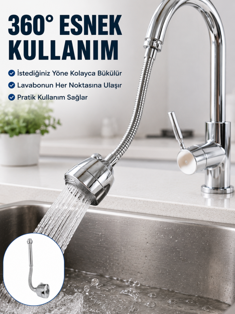 Krom Musluk Uzatma Aparatı  360° Dönebilen Su Tasarruflu Lavabo Fıskiyesi