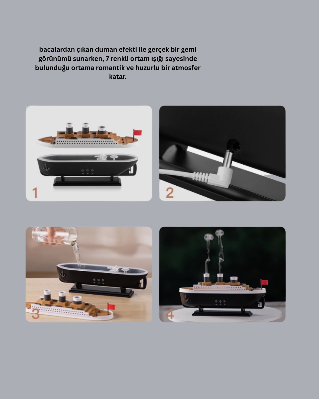 Ultra Sessiz Titanik Gemi LED Işıklı Aroma Difüzörü Oda Nemlendirici Yeni Nesil