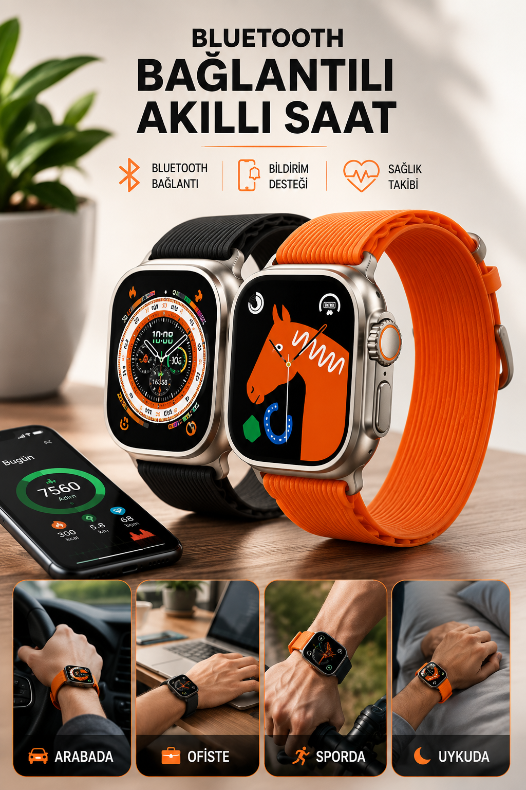 Bluetooth Bağlantılı 49MM Dokunmatik Akıllı Saat Sağlık ve Spor Takip Özellikli