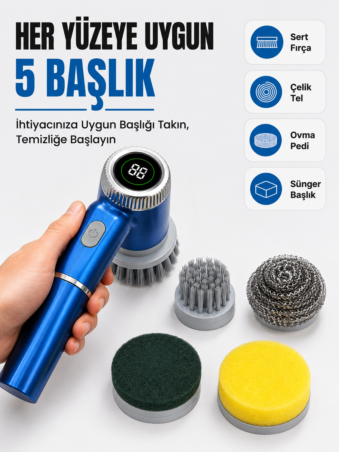5'i 1 Arada Şarjlı Temizlik Fırçası ile Güçlü ve Pratik Temizlik