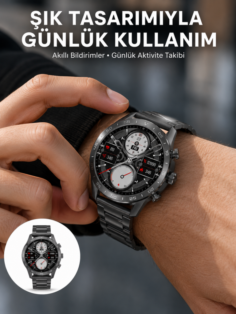 Akıllı Saat Çelik Kordon Çağrı Cevaplama Amoled Ekran Titreşimli Uyku ve Sağlık Takibi Yeni Nesil