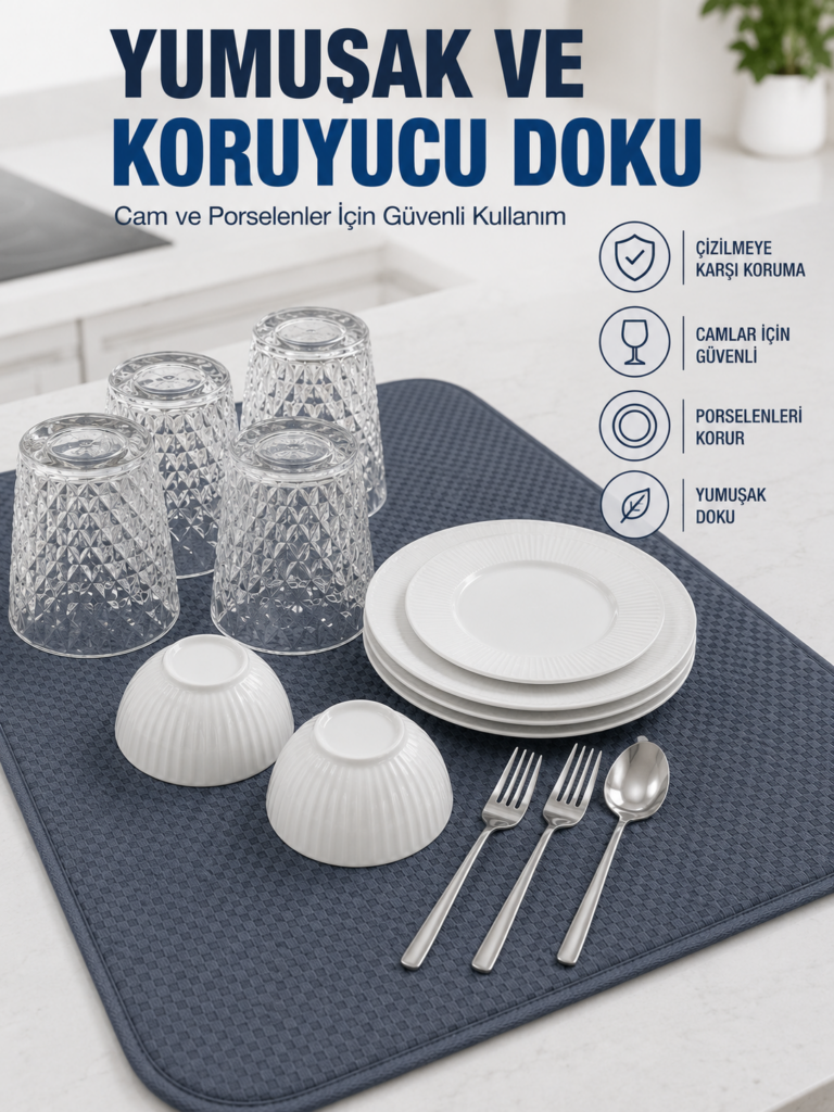 Su Emici Bulaşık Kurutma Matı Kaydırmaz ve Yumuşak Dokulu Kurutmalık