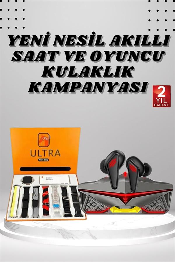 7 Kordonlu Akıllı Saat Ve Oyuncu Kulaklığı Bluetooth Bağlantılı Android ve İOS Uyumlu