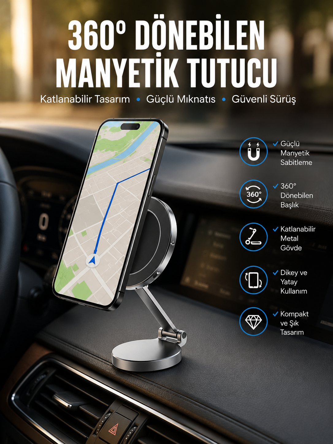 Yeni Nesil Araç İçi Mıknatıslı Telefon Tutacağı Tüm Telefonlara Uyumlu