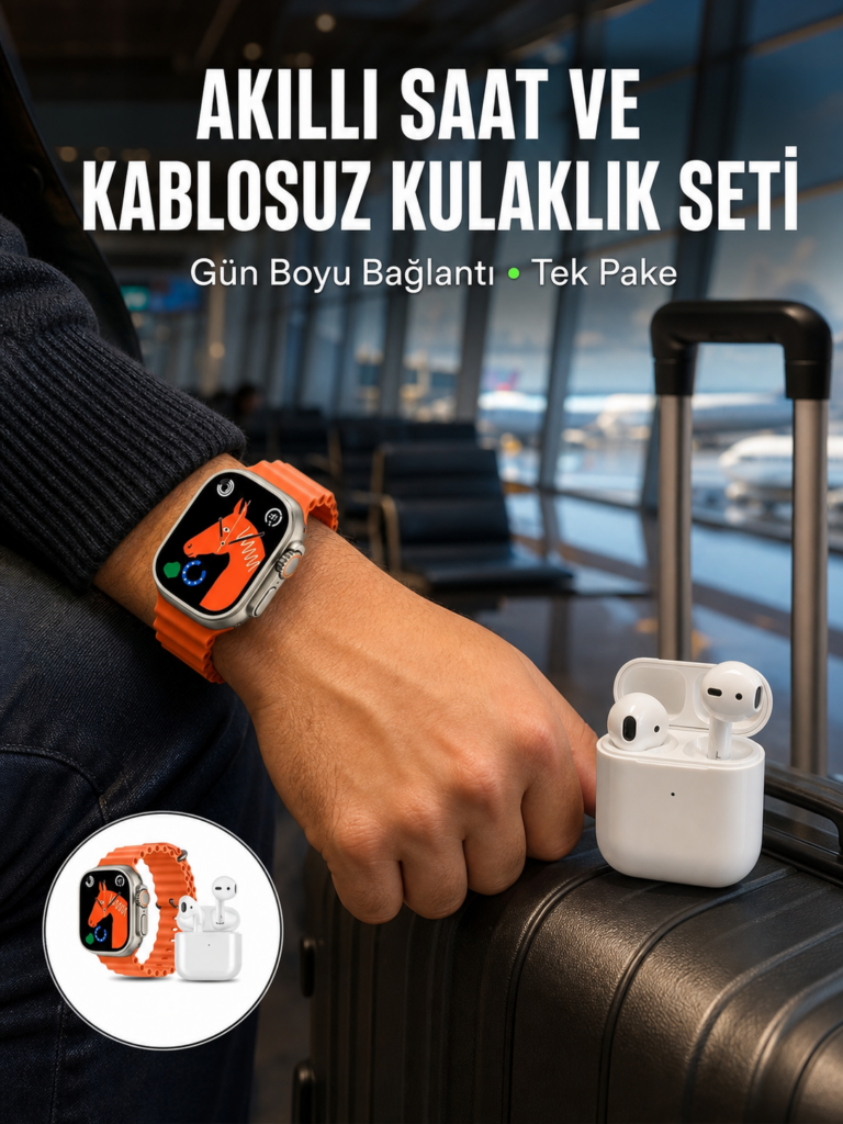 Watch 9 Max Akıllı Saat Seti 2 Kordonlu Kablosuz Kulaklık Hediyeli Yeni Nesil