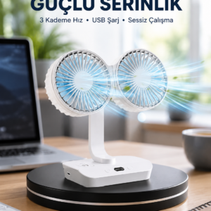 Sessiz Çalışan USB Şarjlı Çift Kafalı Masaüstü Fan – Ev ve Ofis İçin