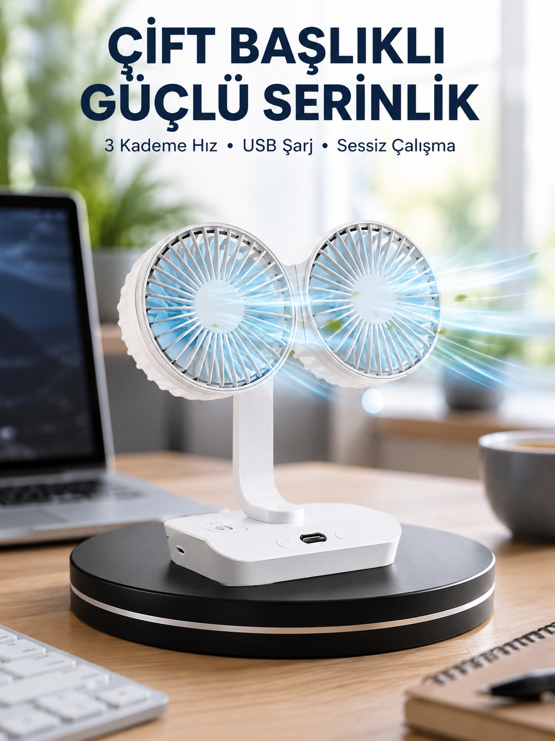Sessiz Çalışan USB Şarjlı Çift Kafalı Masaüstü Fan – Ev ve Ofis İçin