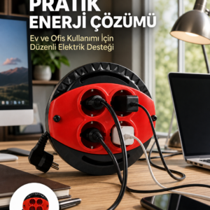 3 Metre Uzatma Kablolu 4 Prizli Makara Kırmızı