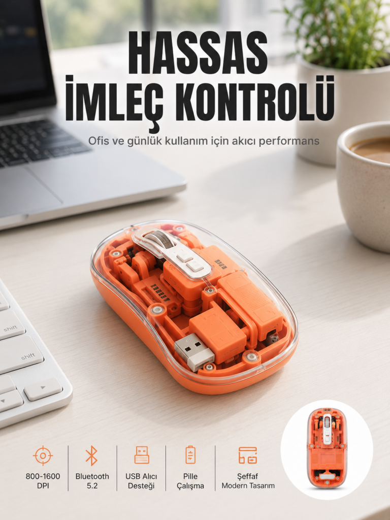 Bluetooth ve USB Destekli Kablosuz Şeffaf Mouse Sessiz Kullanım Yeni Nesil