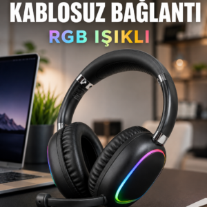 Bluetooth 5.0 Kablosuz Kulak Üstü Kulaklık Mikrofonlu RGB Aydınlatmalı