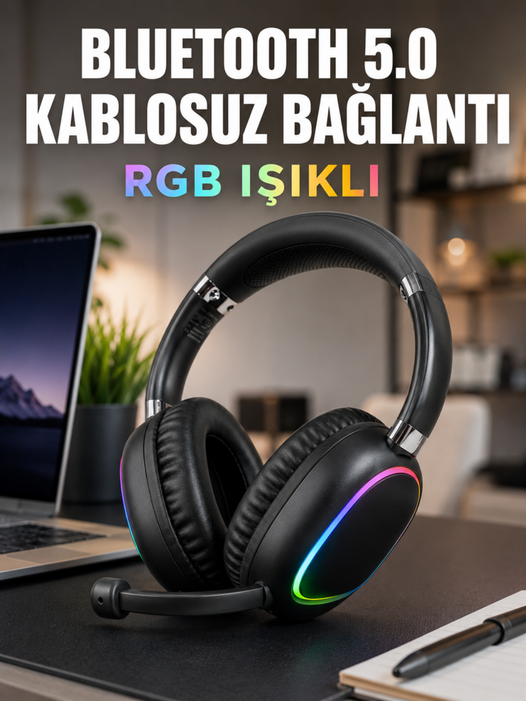 Bluetooth 5.0 Kablosuz Kulak Üstü Kulaklık Mikrofonlu RGB Aydınlatmalı
