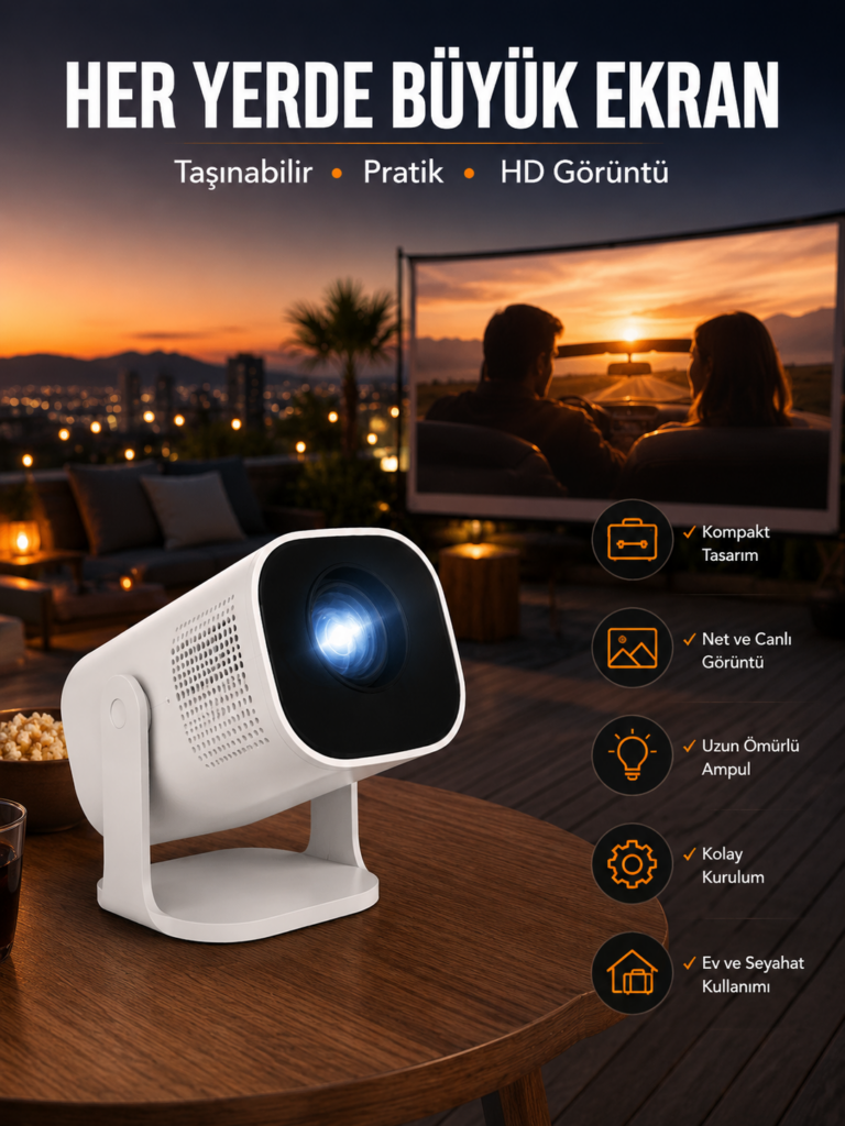 Akıllı Projeksiyon Powerbankli Taşınabilir Sinema Projektörü 4k HD Kaliteli Yeni Nesil