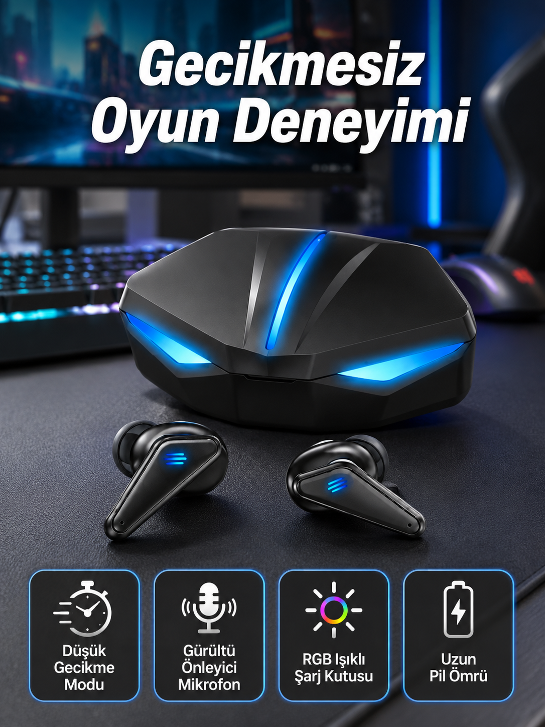 Bluetooth Kulaklık Oyuncu Kulaklığı RGB Işıklı Oyunlarda Düşük Gecikme