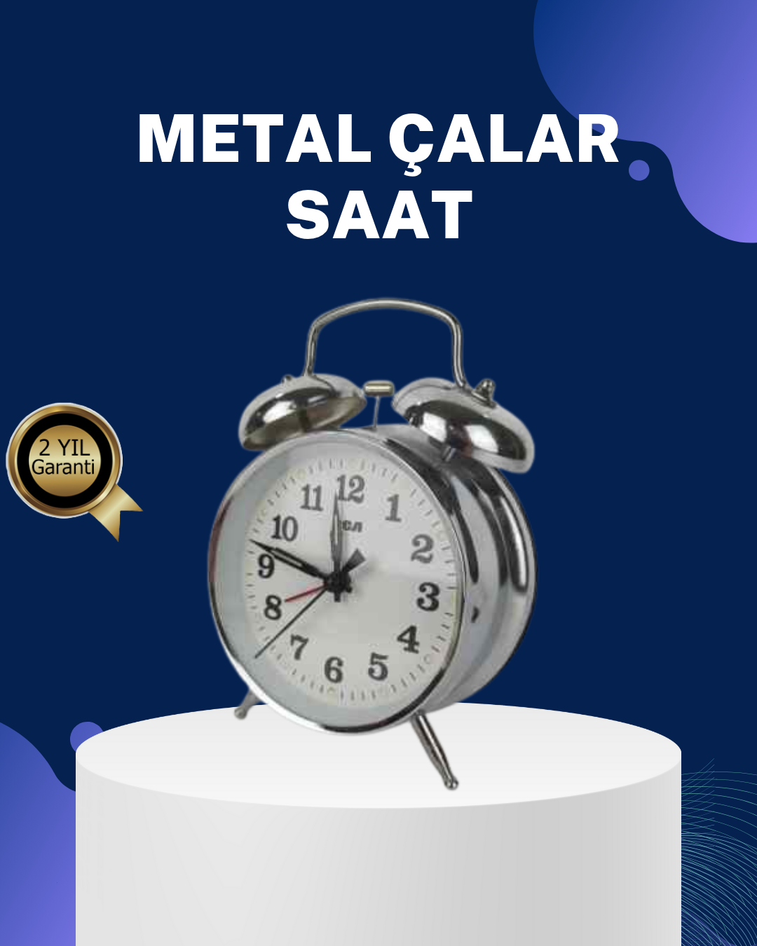 Alarmlı Dekoratif Yuvarlak Masa Saati Gümüş Renk Sessiz ve Işıklı