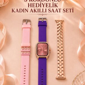 3 Kordonlu Rose Gold Kasalı Kadın Akıllı Saat Seti