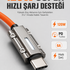LED Göstergeli 120W PD Turbo Destekli Premium 3'ü 1 Arada Şarj Kablosu