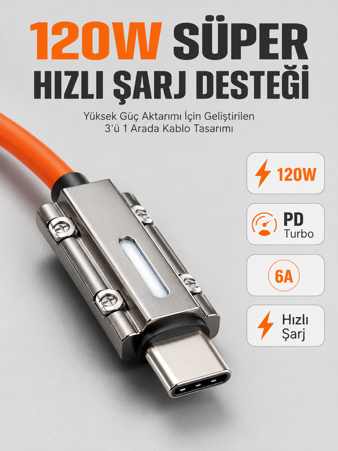 LED Göstergeli 120W PD Turbo Destekli Premium 3'ü 1 Arada Şarj Kablosu