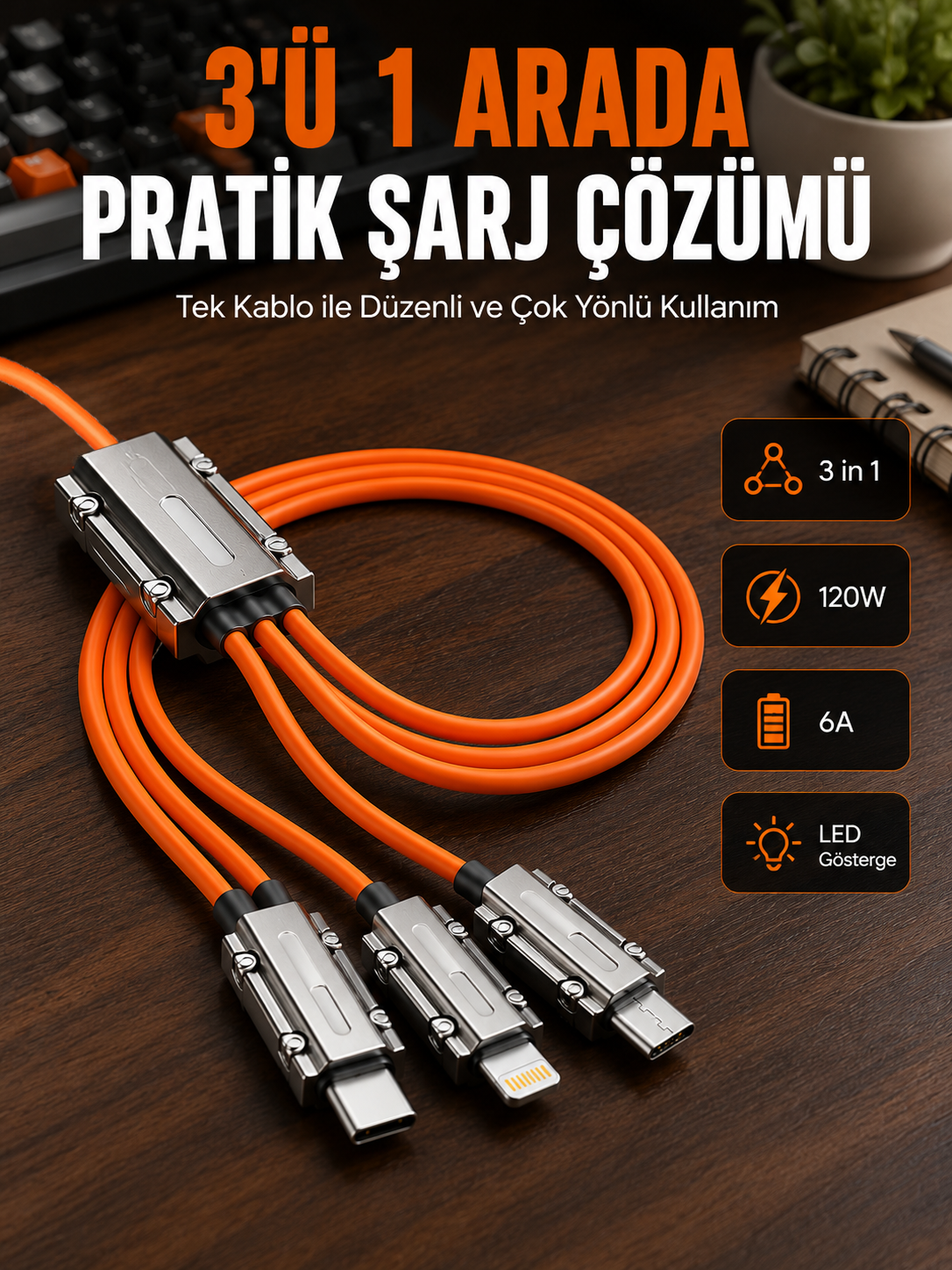 Yüksek Güç Aktarımı Sunan 6A Destekli Çoklu Bağlantı Şarj ve Veri Kablosu