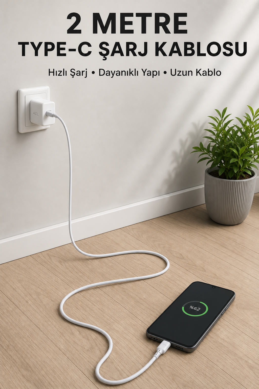 USB-A to Type-C 2 Metre Hızlı Şarj Kablosu