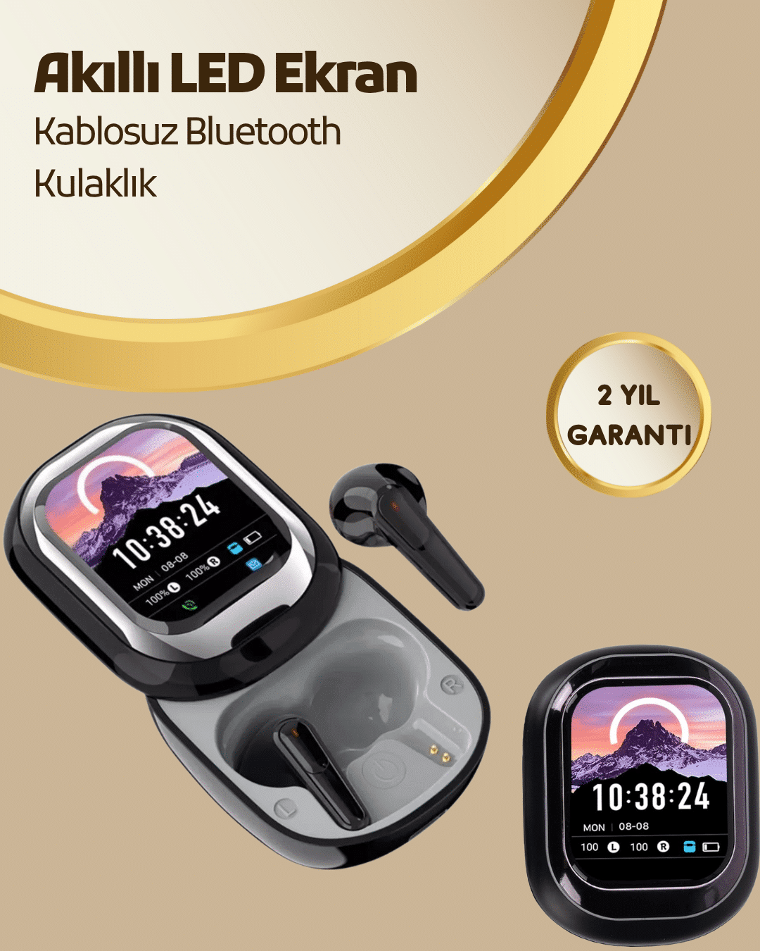 Akıllı Ekranlı Bluetooth 5.4 Kablosuz Kulaklık – Dokunmatik ve Şarj Kutulu