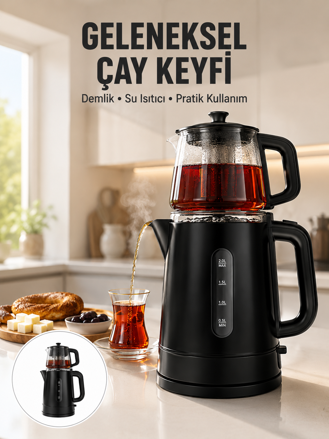 0,9 L Cam Demlik ve 1,7 L Su Haznesi ile Çay Keyfi Yeni Nesil