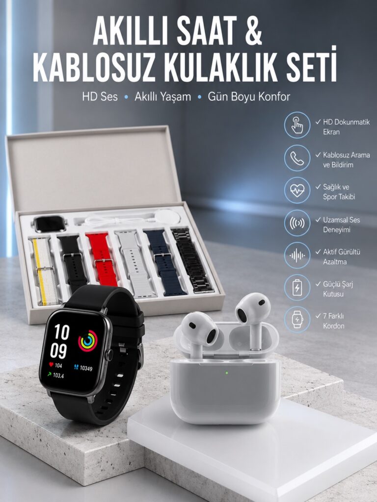 7 Kordonlu Akıllı Saat Ve 3.Nesil Kulaklık Dokunmatik Ekran Sesli Görüşme Yapabilen