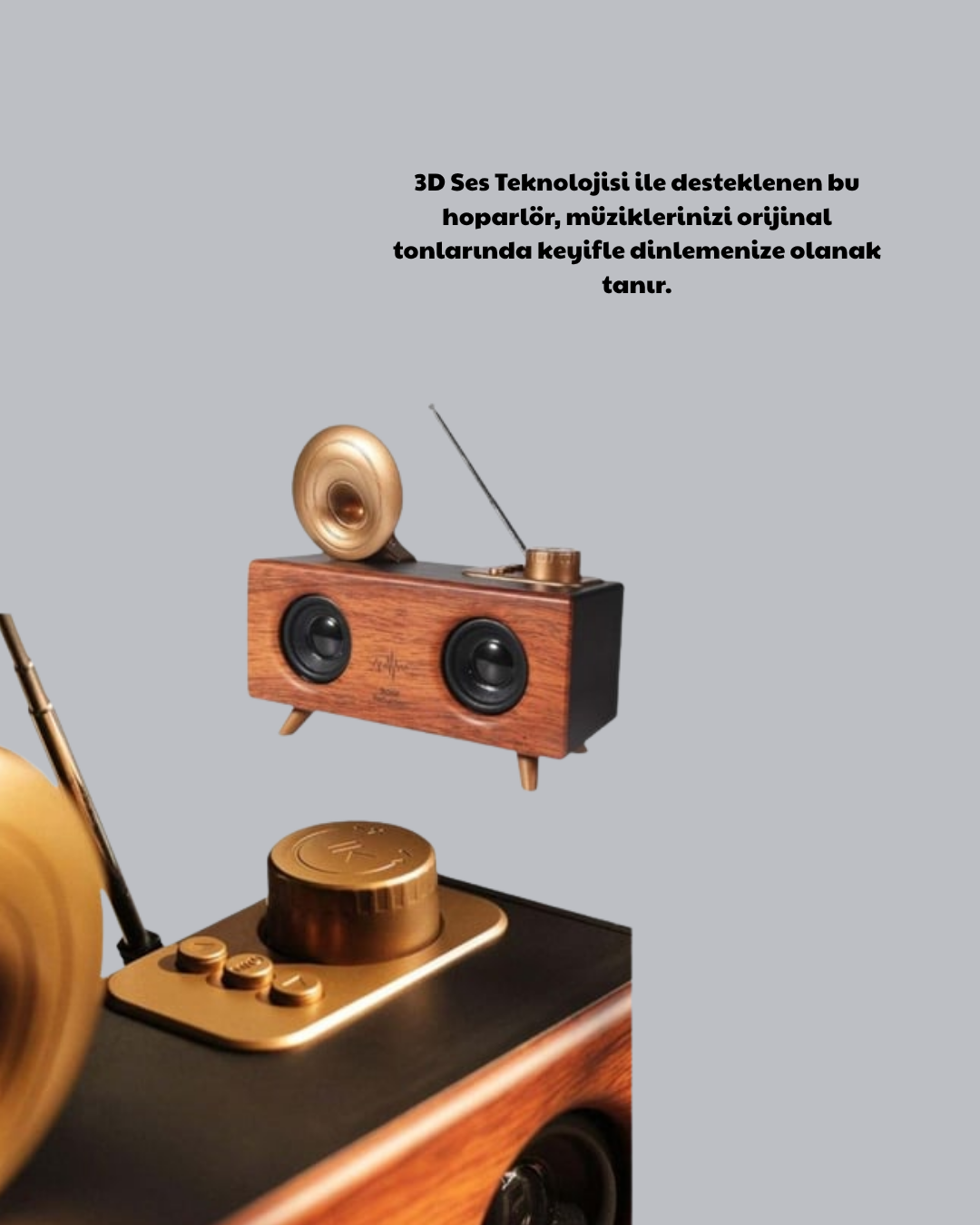 Nostaljik Gramofon Bluetooth Hoparlör – FM Radyo + USB + SD Kart Destekli