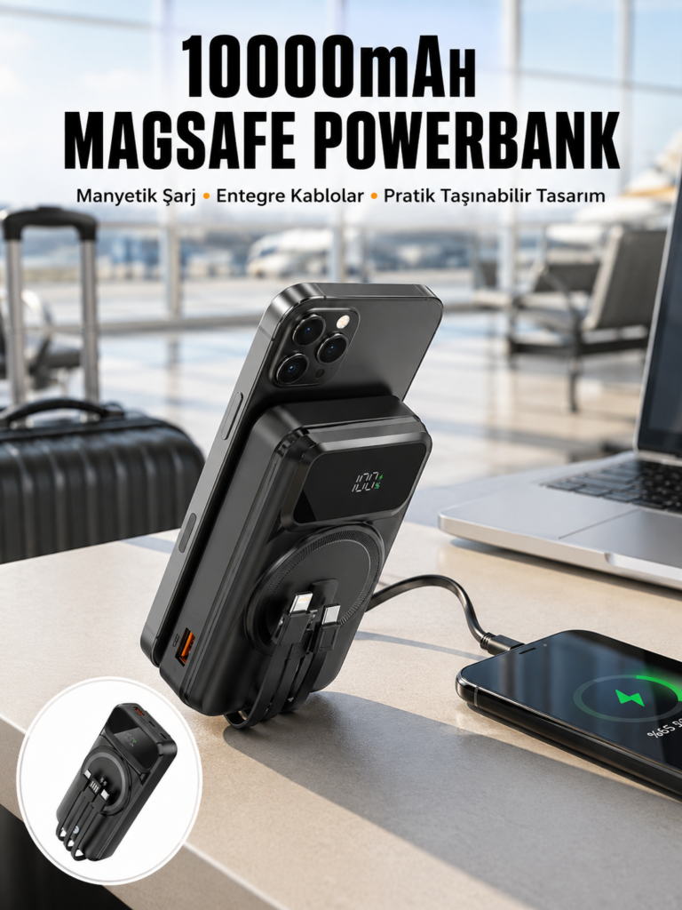 15W Kablosuz Hızlı Şarjlı 10000 mAh Powerbank – Taşınabilir, LED Göstergeli