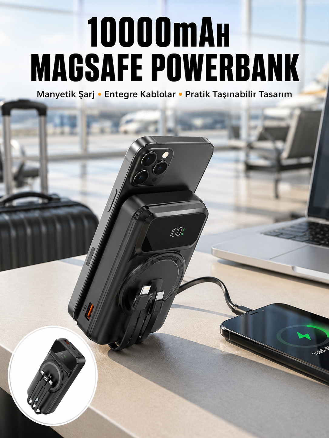 15W Kablosuz Hızlı Şarjlı 10000 mAh Powerbank – Taşınabilir, LED Göstergeli