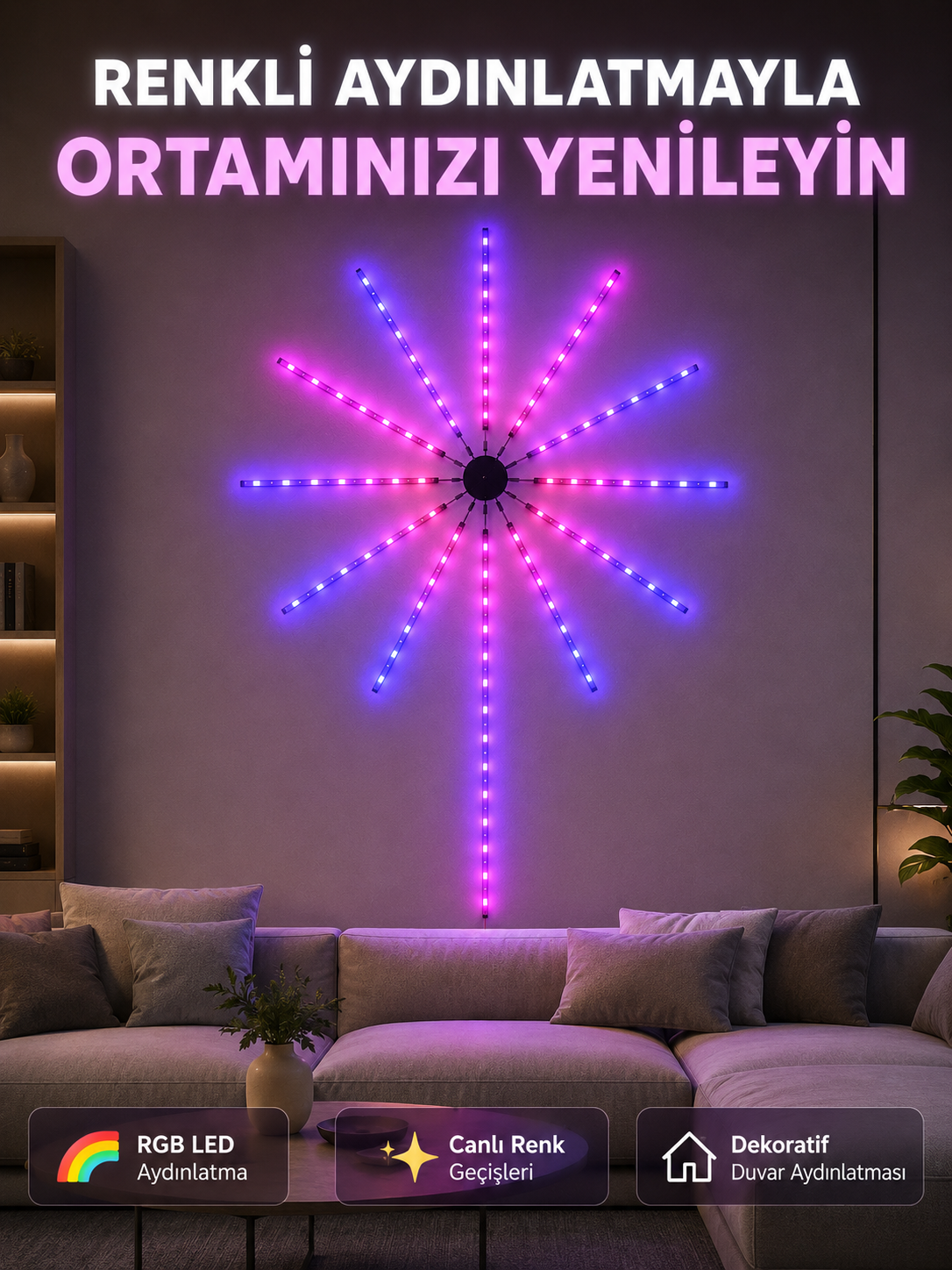 RGB Fireworks LED Dekoratif Duvar Lambası İç Mekân Telefon Kontrollü Ortam Aydınlatması