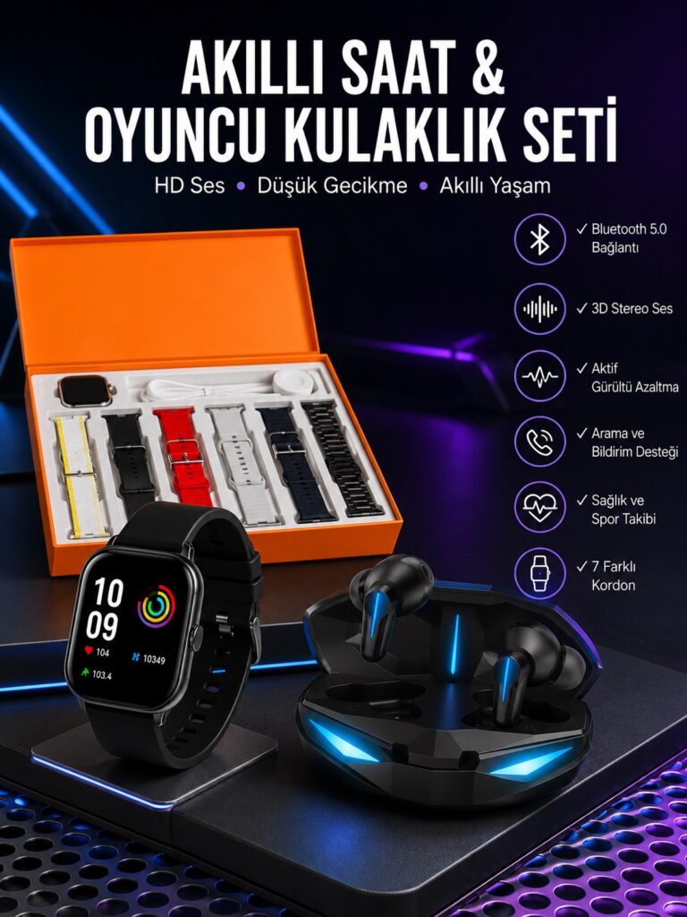 7 Kordonlu Akıllı Saat Ve Oyuncu Kulaklığı ANC Özelliği Kulak İçi Mikrofonlu Sesli Görüşme