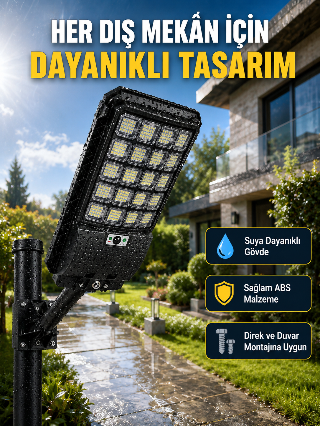 Güneş Enerjili Dış Mekan LED Lambası Geniş Aydınlatma Açılı Akıllı Sokak Lambası