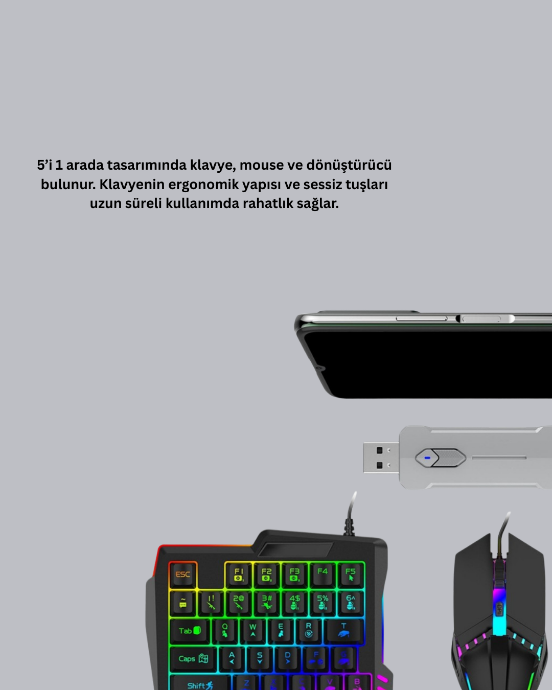 Android Uyumlu Mobil Oyun Kiti 5in1 Klavye Mouse Dönüştürücü Gecikmesiz FPS Set