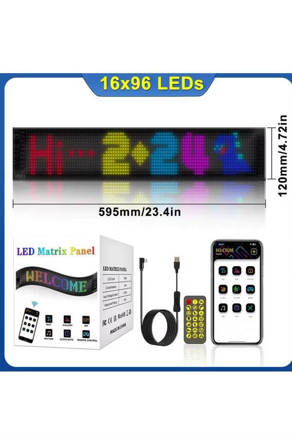 Led Matrix Bluetooth Bağlantılı Araç Camına Uygun Pixsel Görünümlü 16X96 pixel
