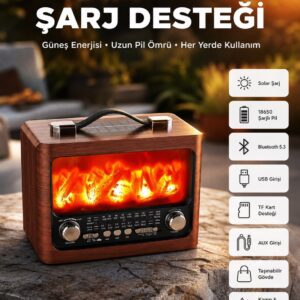 Taşınabilir Şömine Görünümlü Bluetooth Hoparlör – Solar Şarjlı, Alev Işıklı, 7W Ses