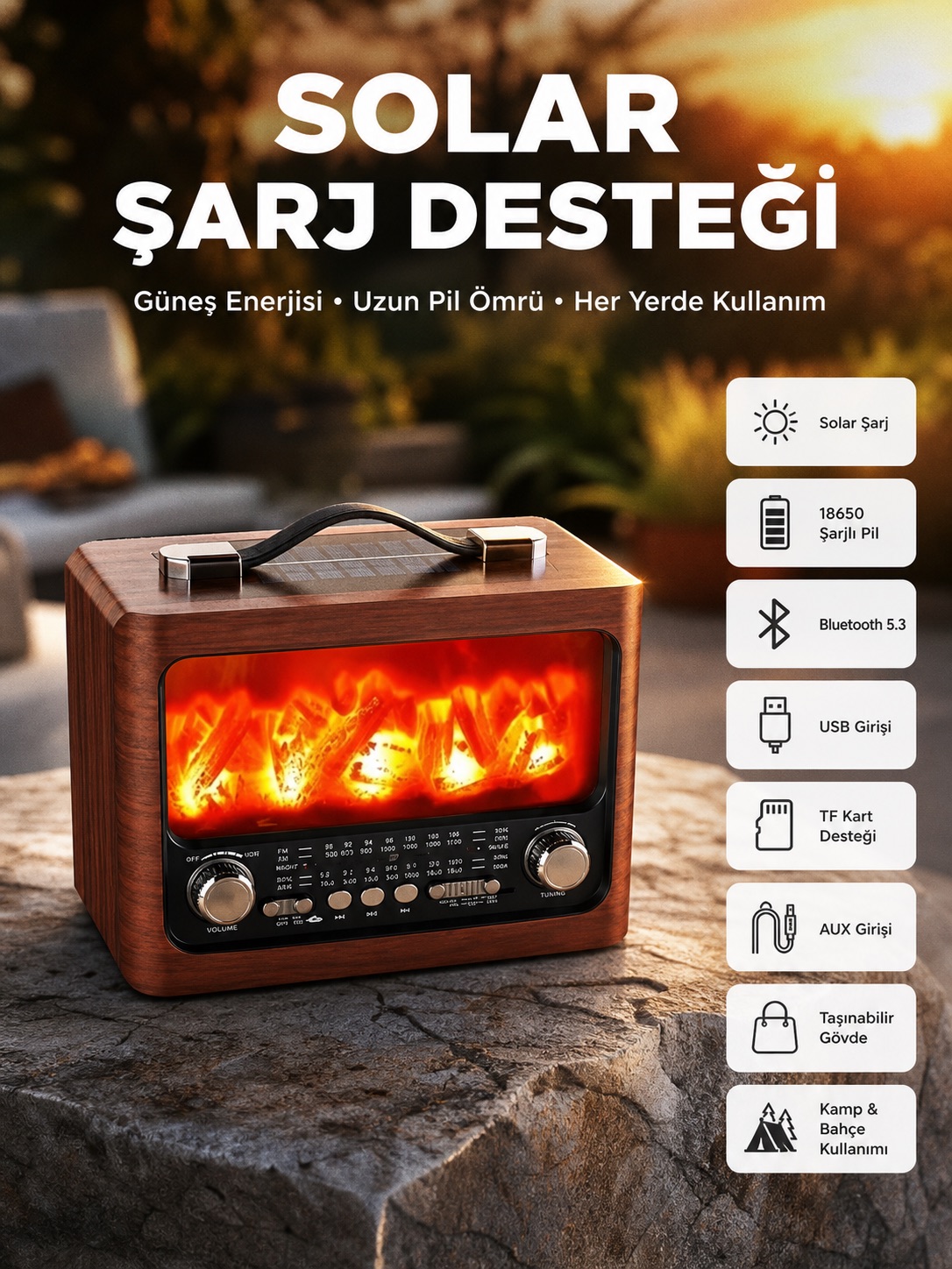 Taşınabilir Şömine Görünümlü Bluetooth Hoparlör – Solar Şarjlı, Alev Işıklı, 7W Ses
