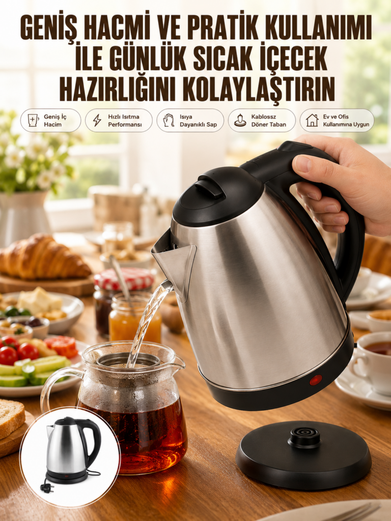 Kettle Su Isıtıcı C F Priz Uyumlu 220 - 240 V Paslanmaz Çelik Kablolu