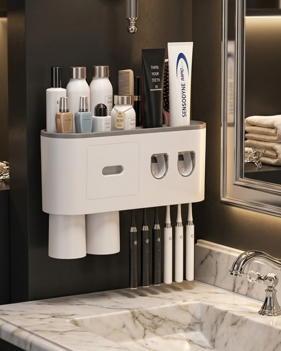 Çift Dispenserli Diş Macunu Sıkacağı 6 Fırçalık Bardaklı Banyo Organizer