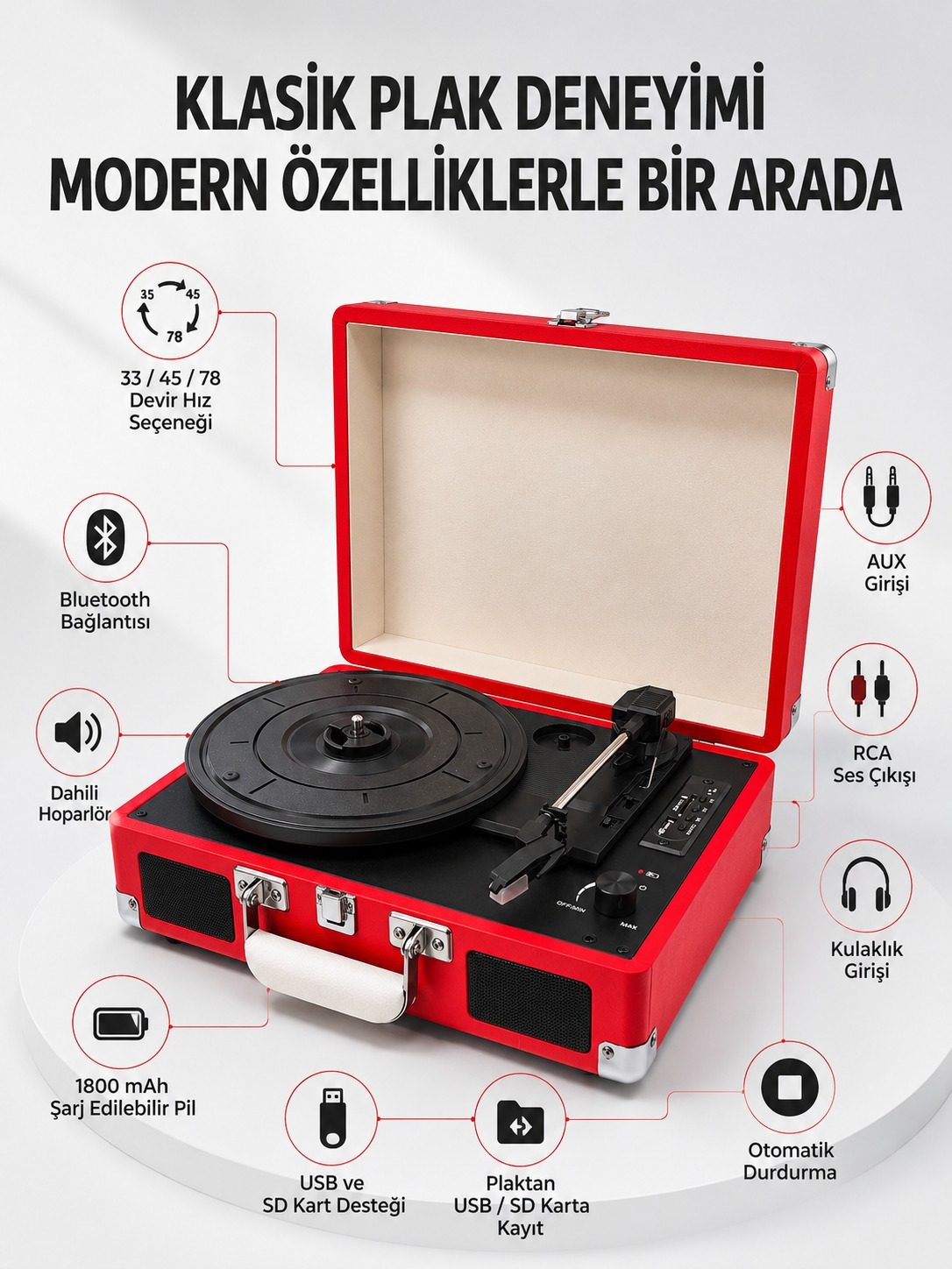 Bavul Tipi Plak Çalar 33 45 78 Devir Destekli Bluetooth Dahili Hoparlörlü Portatif Pikap