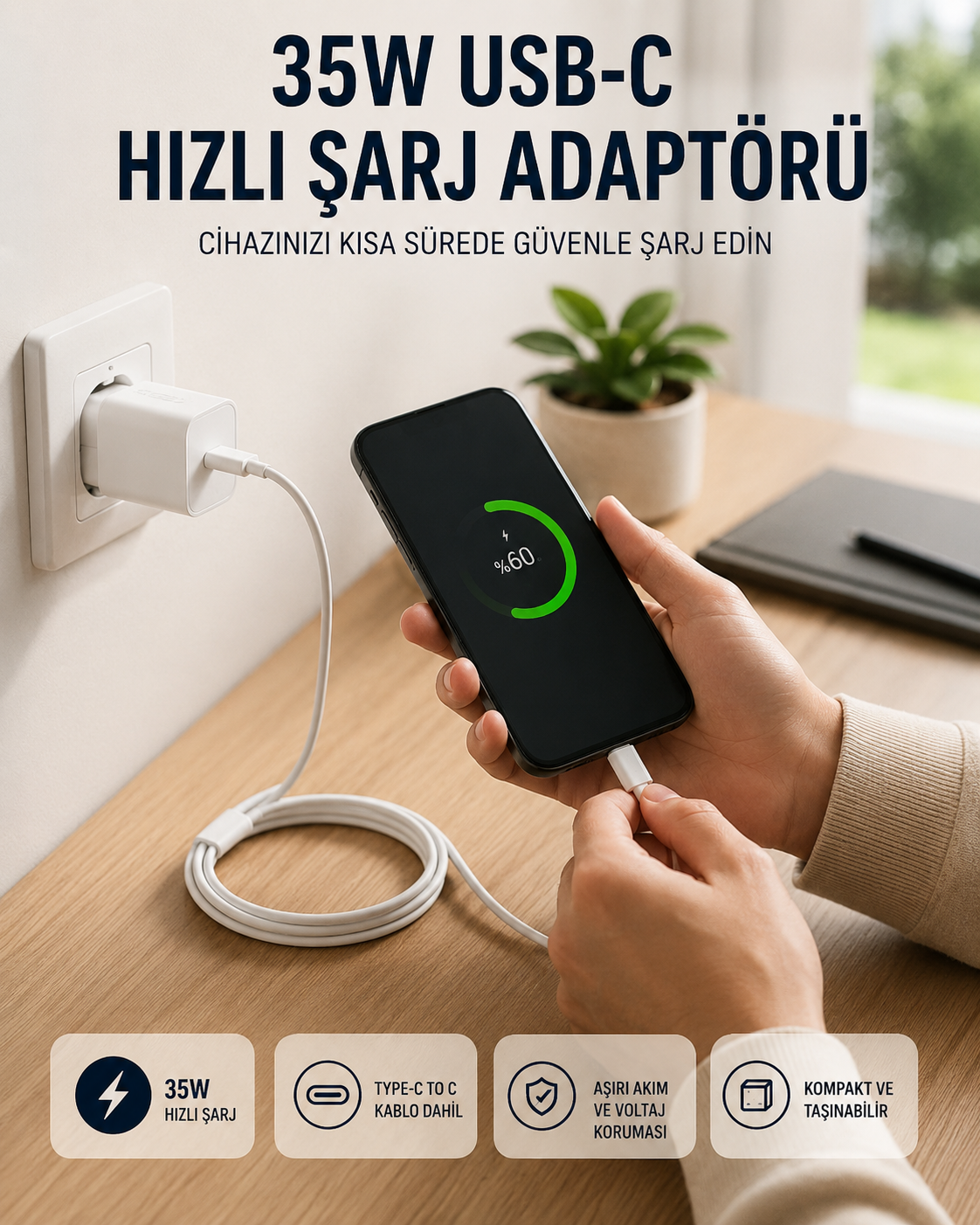 Type-C to C Kablolu 35W Hızlı Şarj Başlığı Set