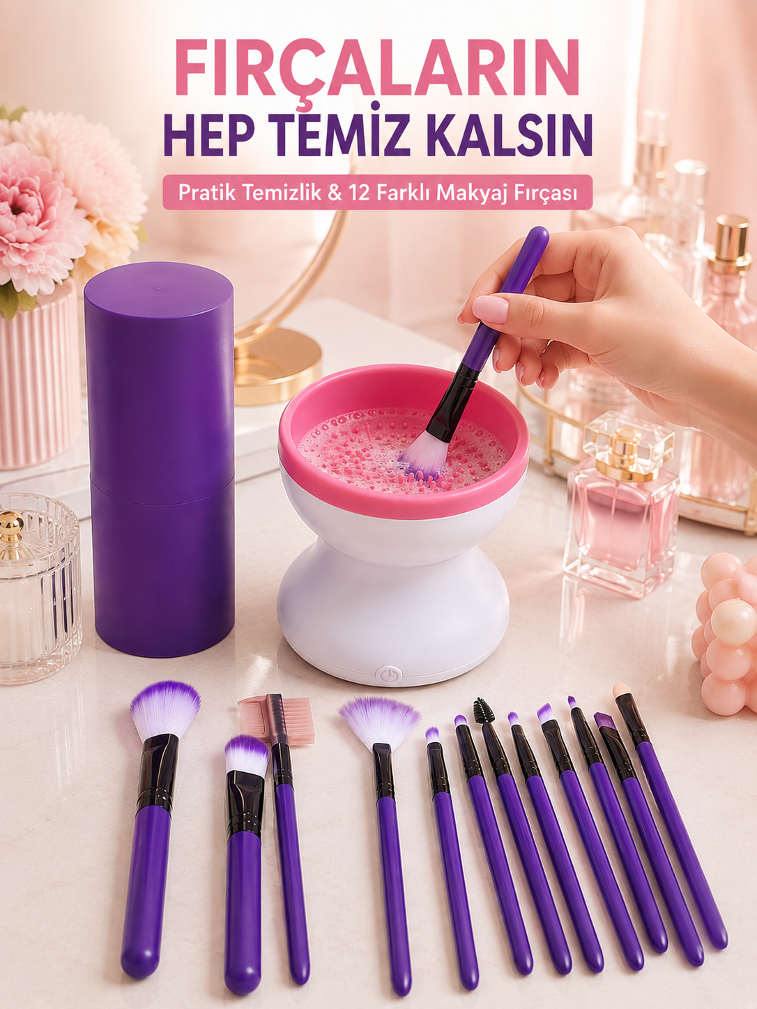 12’li Makyaj Fırça Seti ve Elektrikli Fırça Temizleme Cihazı Avantajlı İkili