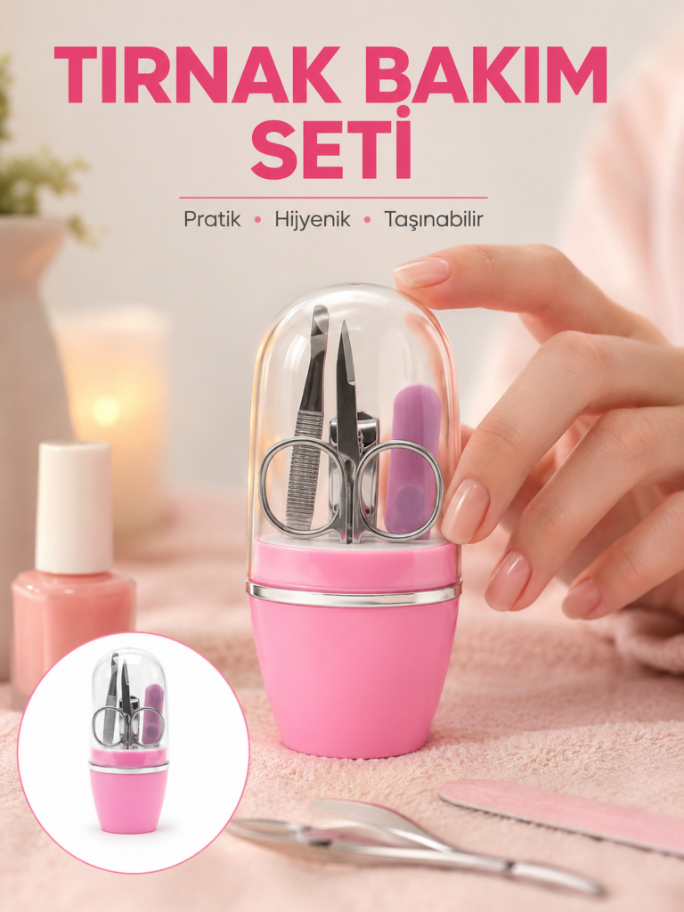Tırnak Bakım Manikür Pedikür Seti 4 Parça Pembe Minimal ve Dayanıklı Yeni Nesil