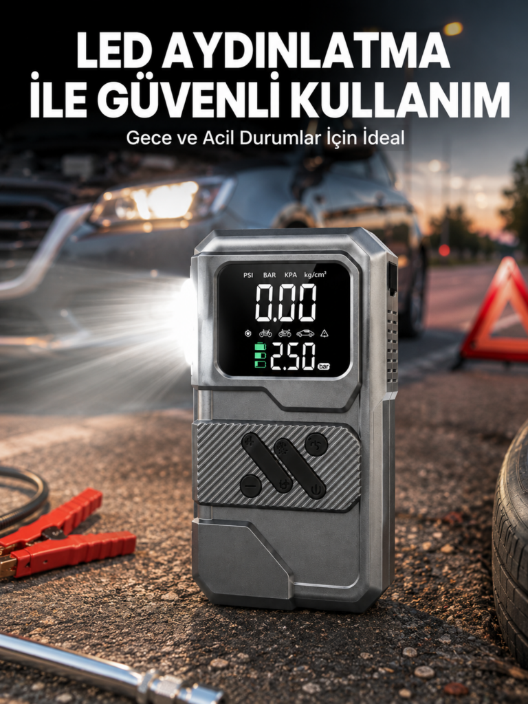Çok Fonksiyonlu Akü Takviye ve Taşınabilir Hava Kompresörü