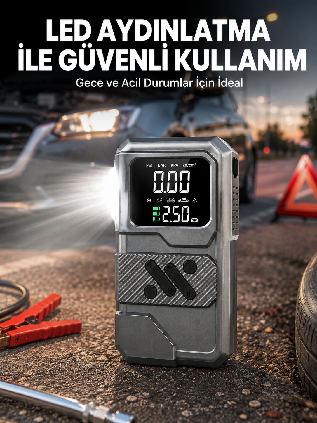 Çok Fonksiyonlu Akü Takviye ve Taşınabilir Hava Kompresörü