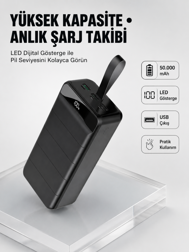 Tüm Cihazlarla Uyumlu 50.000 mAh Powerbank – Yüksek Kapasiteli, LED Gösterge ve Akıllı Koruma Fonksiyonlu
