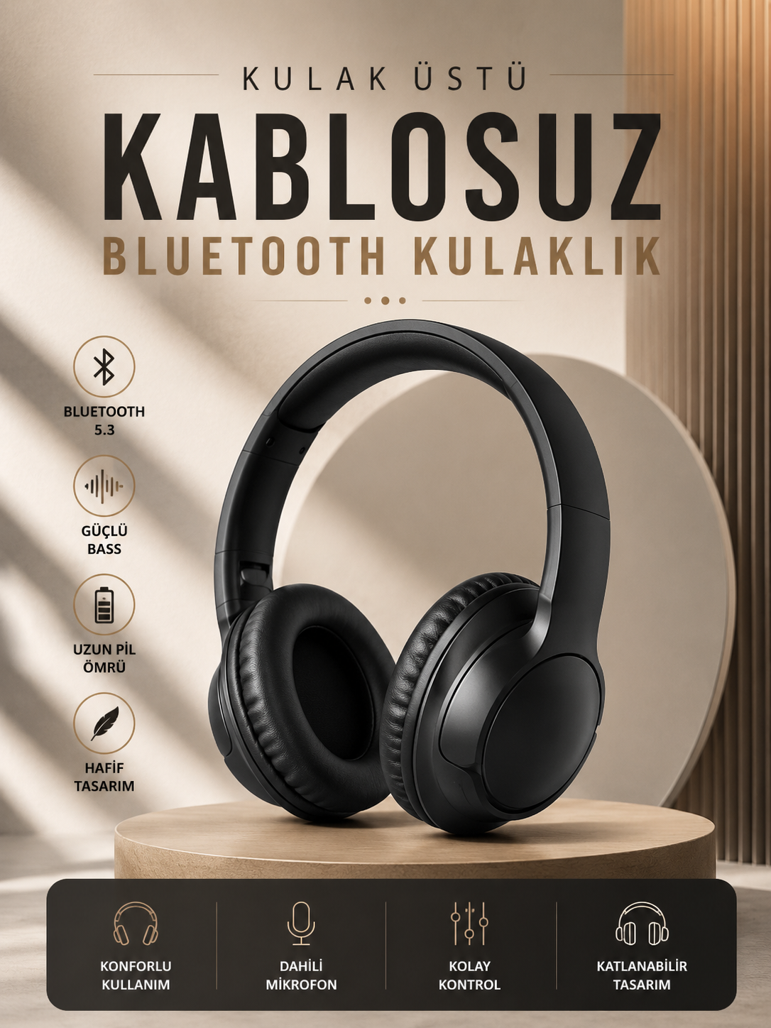 Kablosuz Bluetooth Kulaklık Kulak Üstü Mikrofonlu 5.0 Bluetooth ANC Özelliği